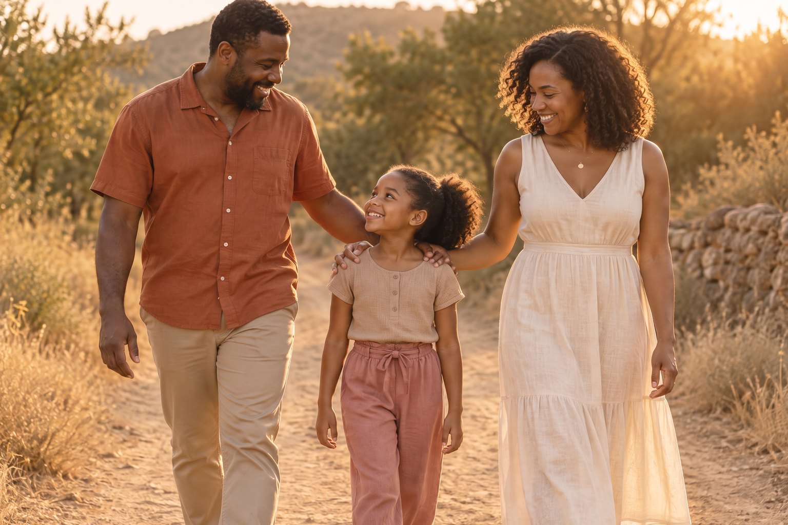 A Black father and mother walking beside their young daughter along a sunlit path, each with a hand resting supportively on one of the child's shoulders, bathed in warm golden light